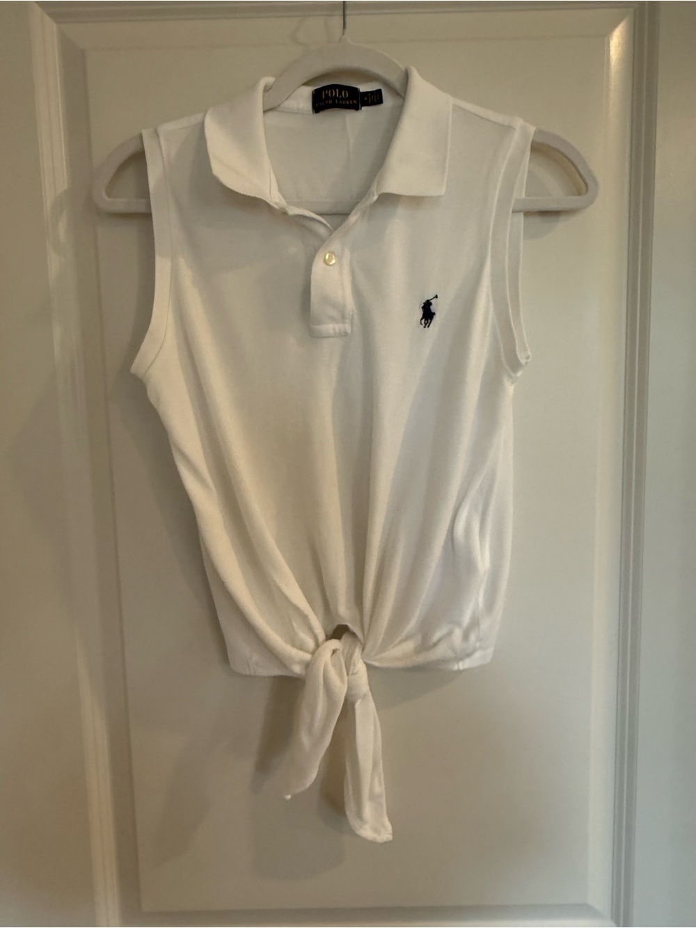 Polo Ralph Lauren White Sleeveless Tie-Front Polo Tank- Navy Pony